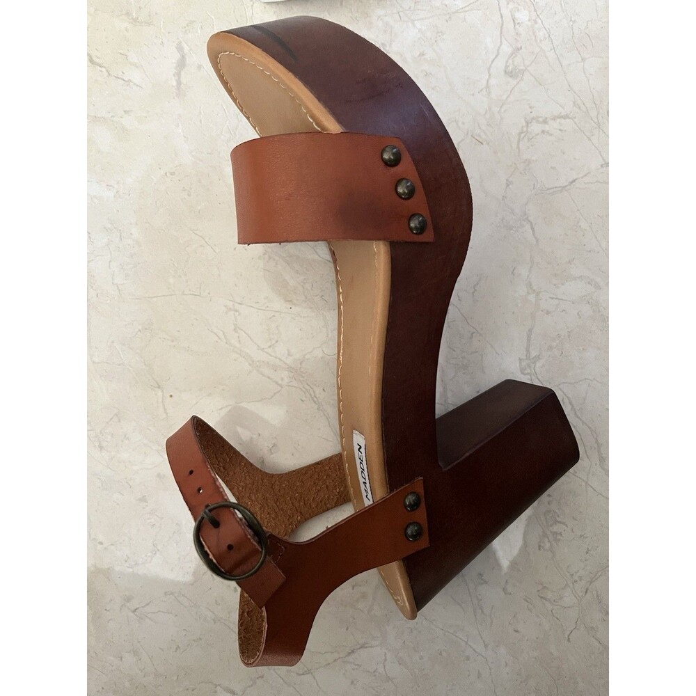 Steve Madden Luna Platform Wooden Clog Ankle Strap Heeled Sandals Size 9 Brown - Picture 11 of 12